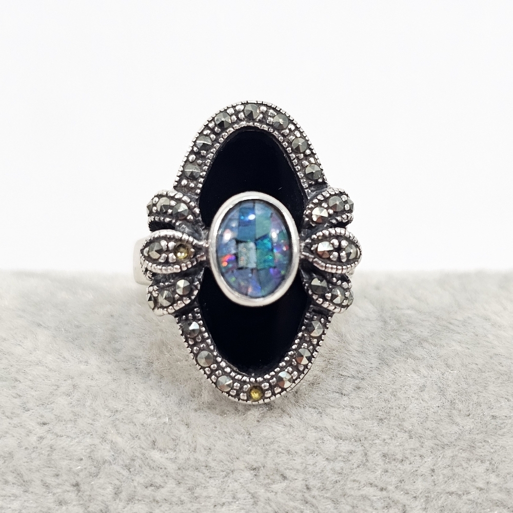 NF Thailand Sterling Silver Black Onyx Marcasite Opal Statement Cocktail Ring
